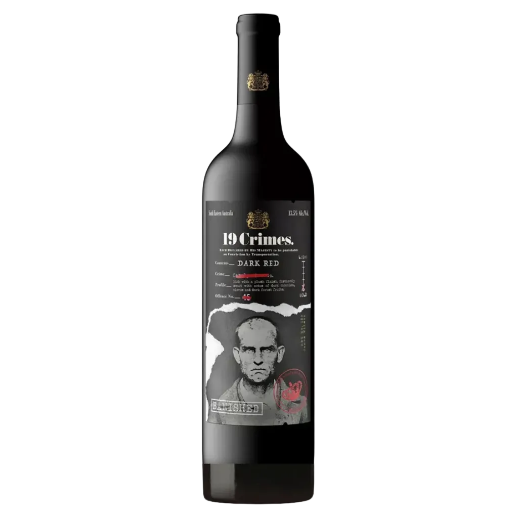 19 Crimes Banished Dark Red Wine 750 ML bottle with deep red label and dark glass, premium full-bodied red wine