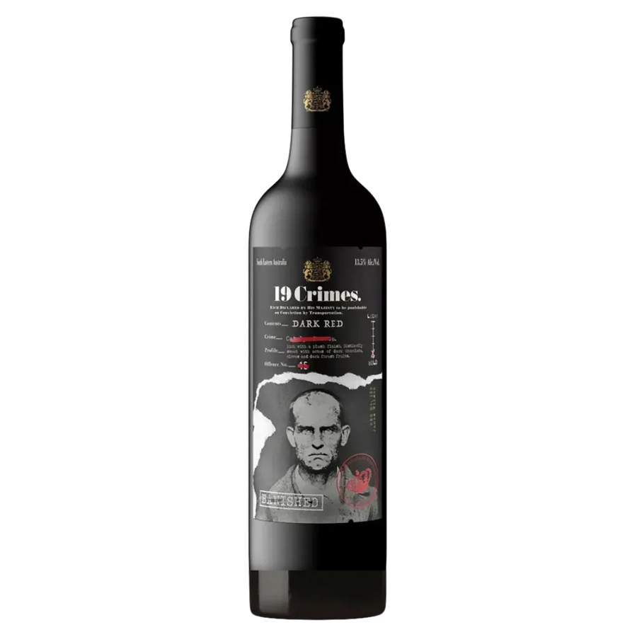 19 Crimes Banished Dark Red Wine 750 ML bottle with deep red label and dark glass, premium full-bodied red wine
