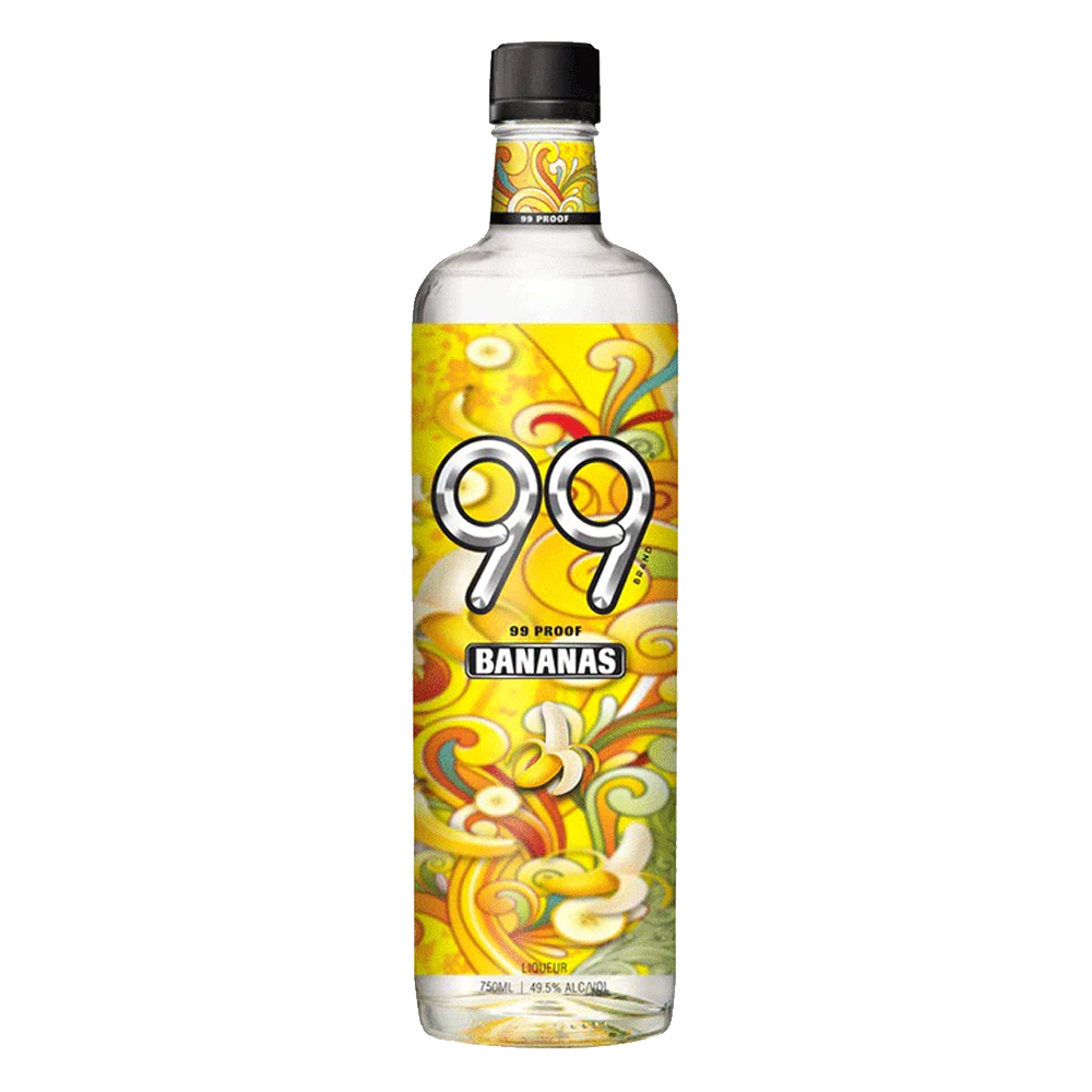 99 Bananas Liqueur 750ML bottle with bright yellow label and clear glass design