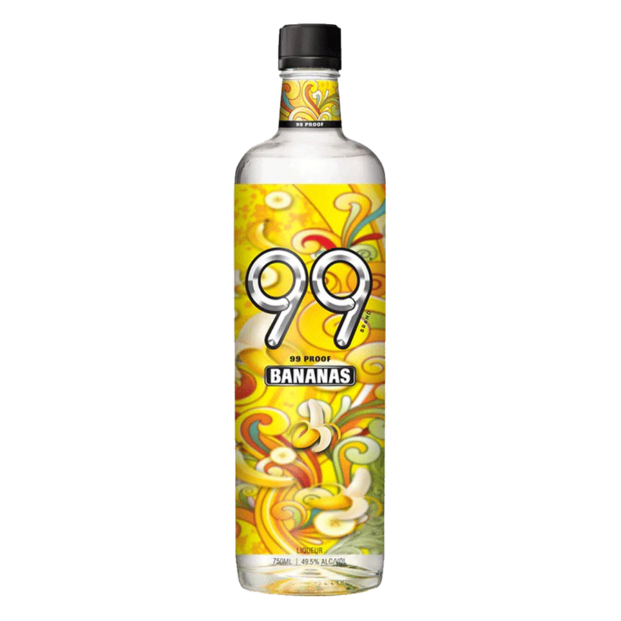 99 Bananas Liqueur 750ML bottle with bright yellow label and clear glass design