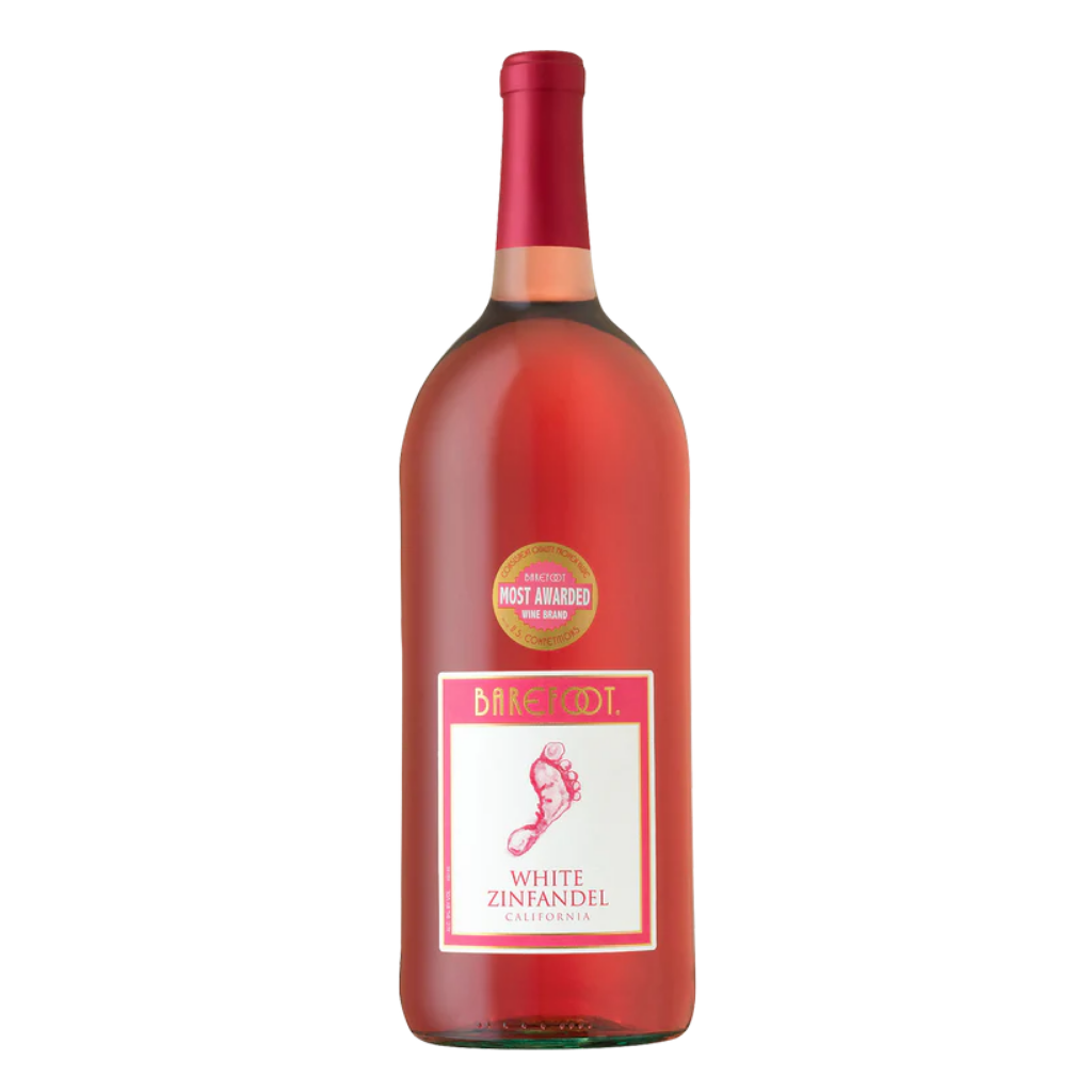 Barefoot White Zinfandel 1.5 liter bottle with light pink wine and Barefoot logo label