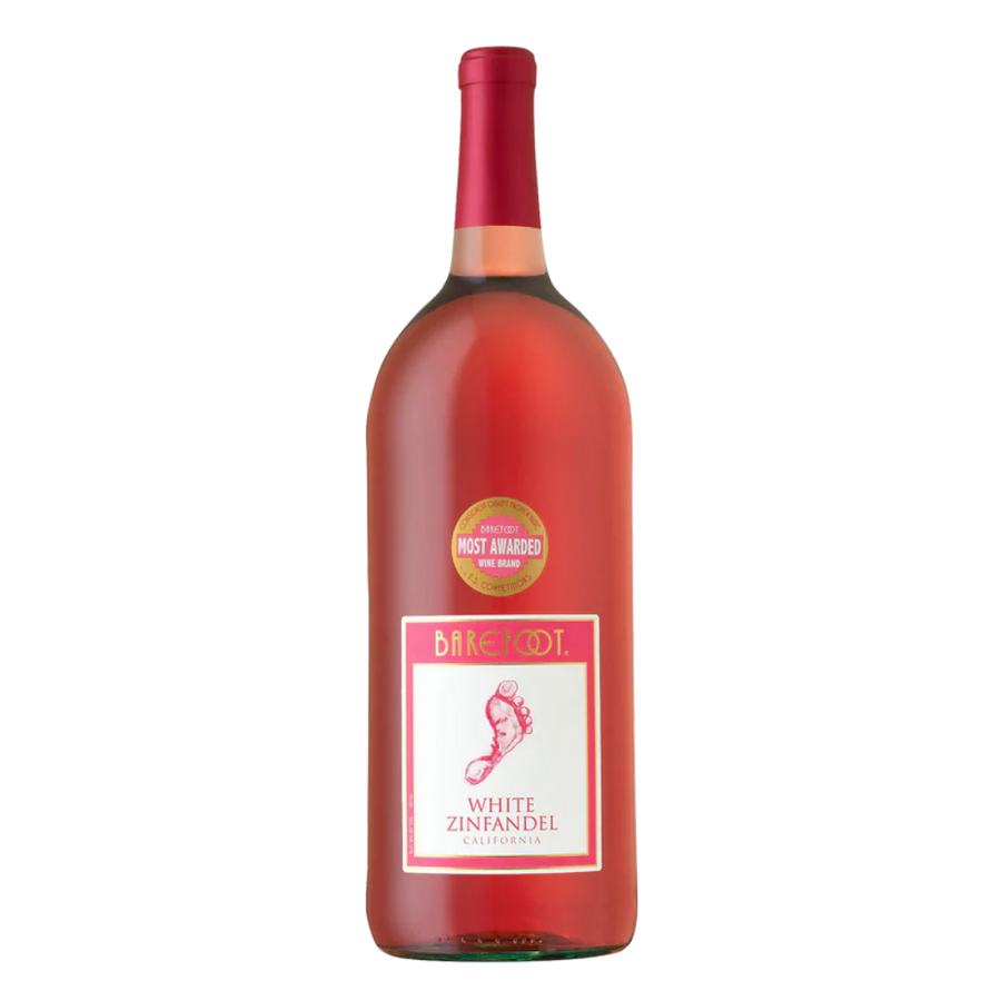 Barefoot White Zinfandel 1.5 liter bottle with light pink wine and Barefoot logo label