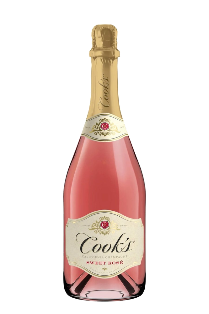 Bottle of Cook's Sweet Rosé wine on a white background