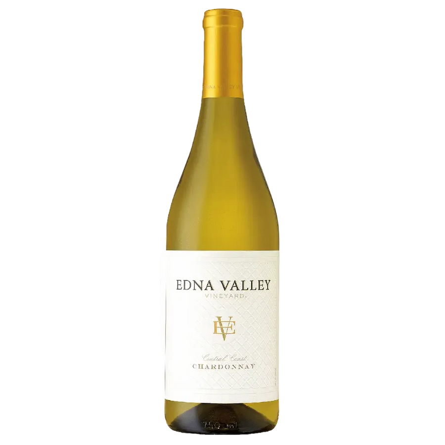 Edna Valley Vineyard Chardonnay white wine 750ml bottle from California displayed with wine glass