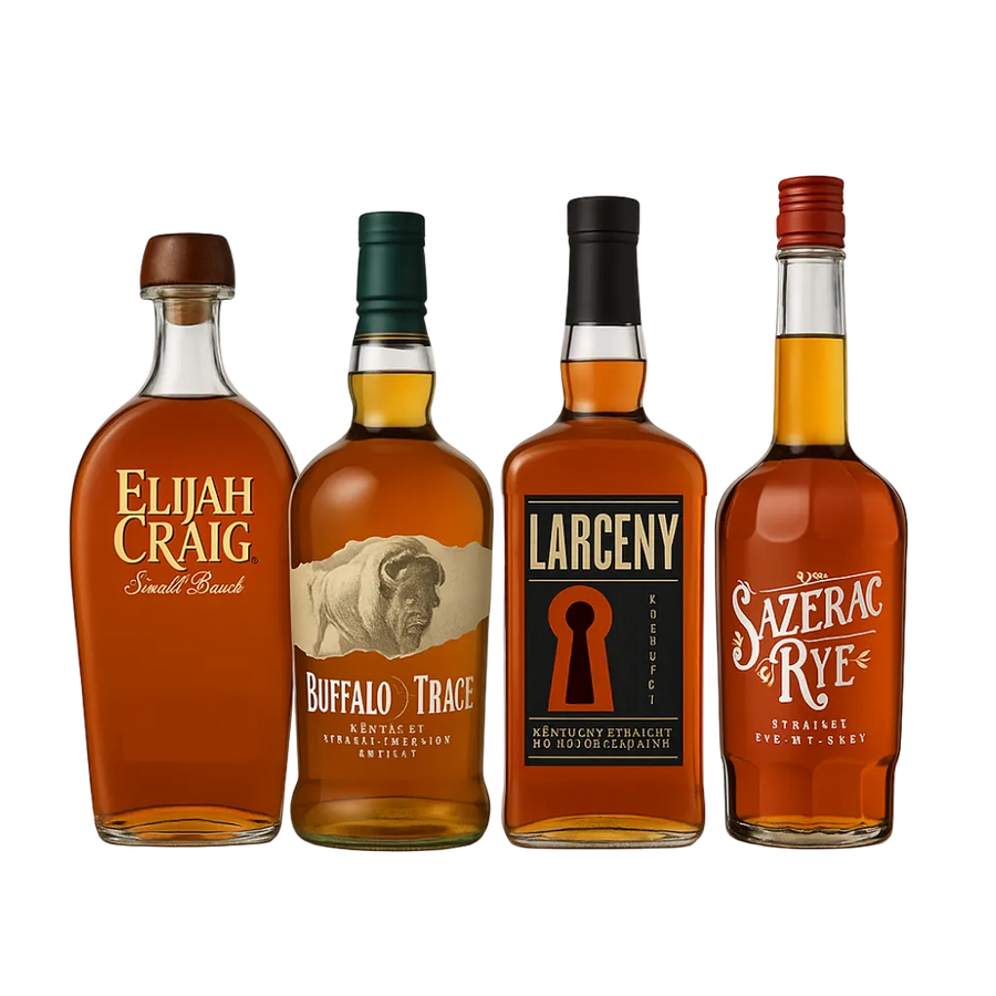 750ml Elijah Craig Small Batch, Buffalo Trace, Larceny, and Sazerac Rye American whiskey bottles displayed together