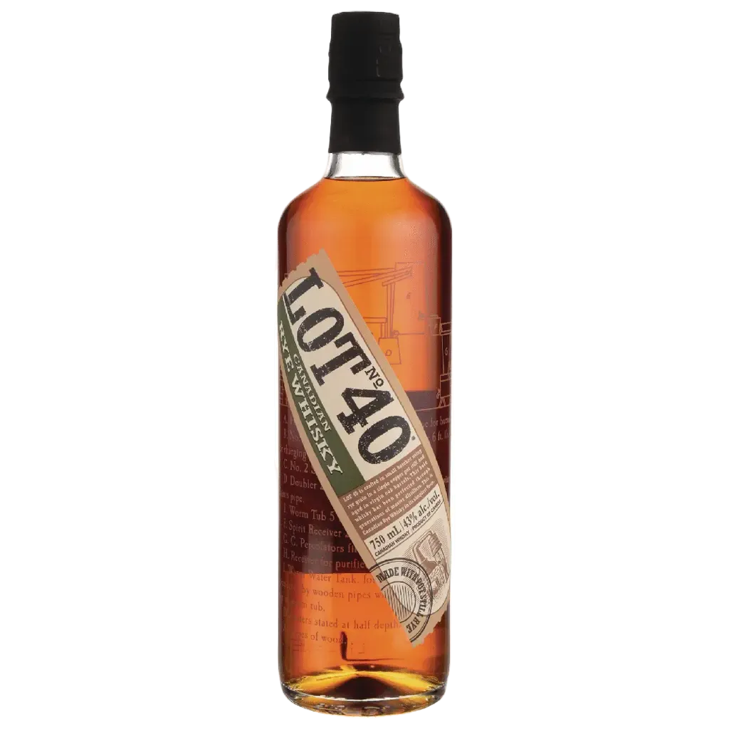 Lot 40 Rye Whisky 750ml bottle Canadian 100% rye grain whisky with amber color in glass bottle
