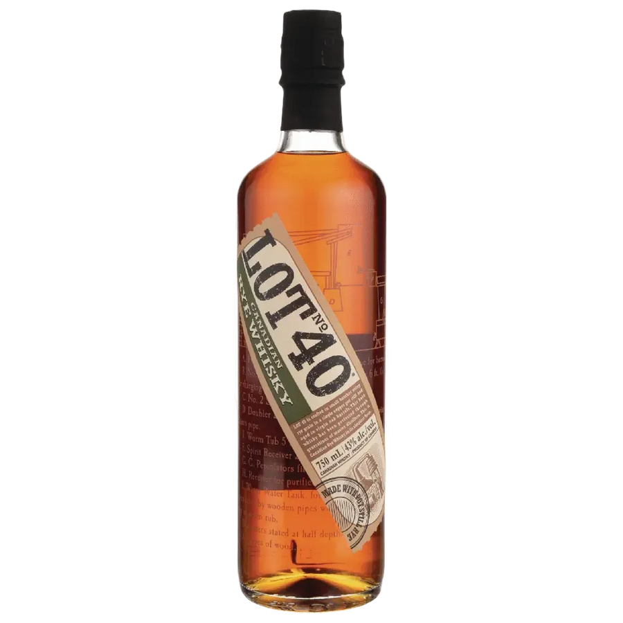 Lot 40 Rye Whisky 750ml bottle Canadian 100% rye grain whisky with amber color in glass bottle