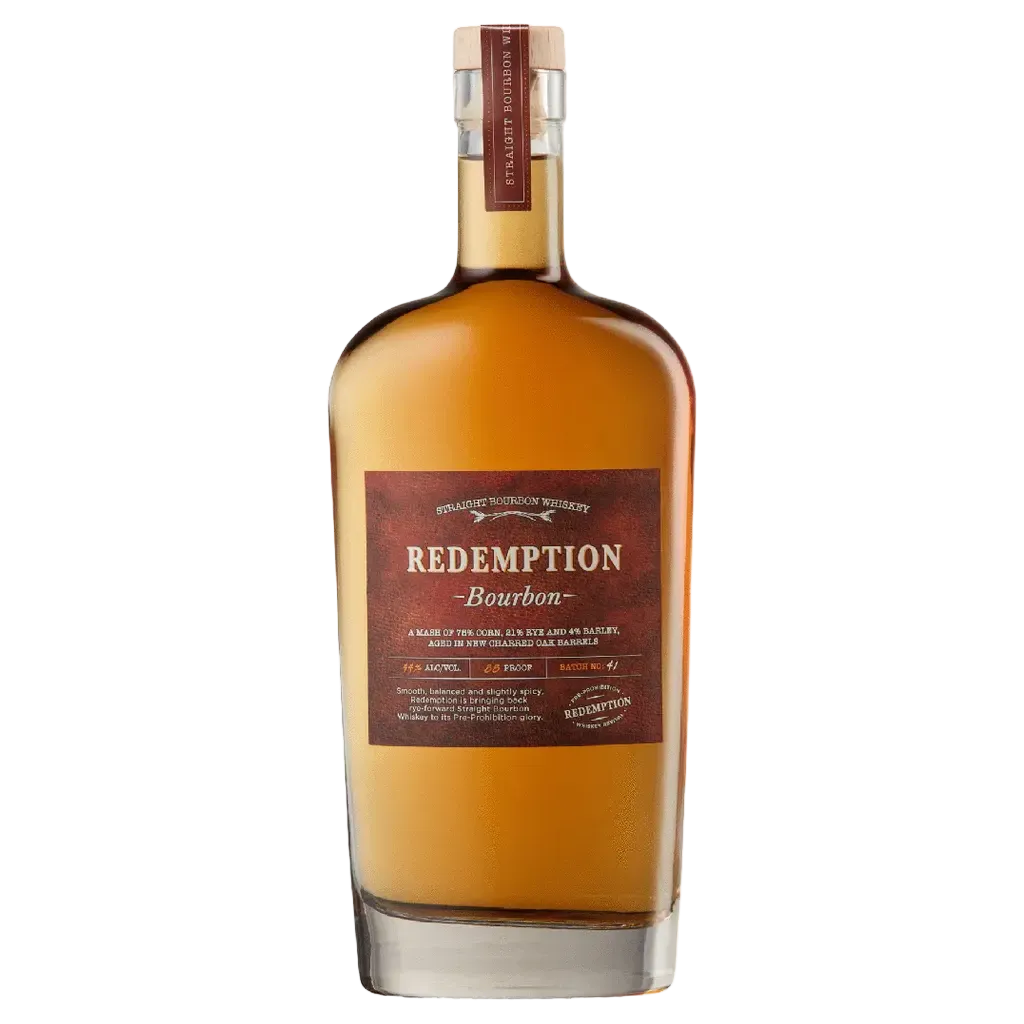 Redemption Bourbon Whiskey 750ML bottle high rye Kentucky straight bourbon on white background