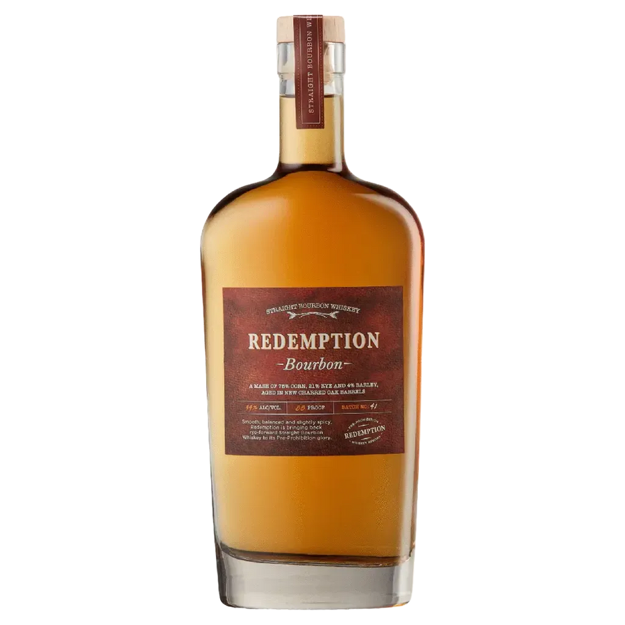 Redemption Bourbon Whiskey 750ML bottle high rye Kentucky straight bourbon on white background