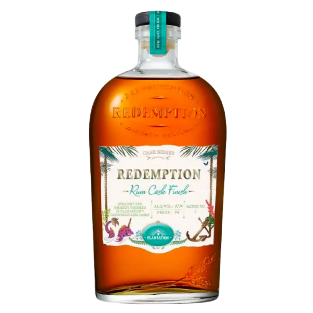 Redemption Rum Cask Finish rye whiskey bottle with rum barrel aging finish premium craft whiskey
