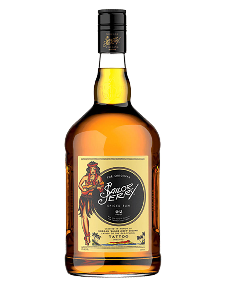Bottle of Sailor Jerry Spiced Rum on a white background