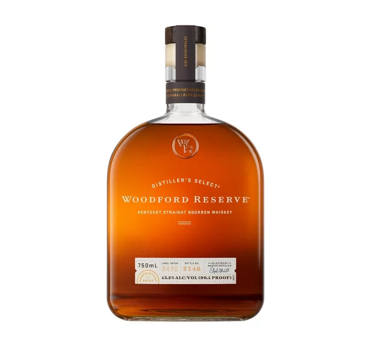 Woodford Reserve bourbon whiskey bottle on a white background
