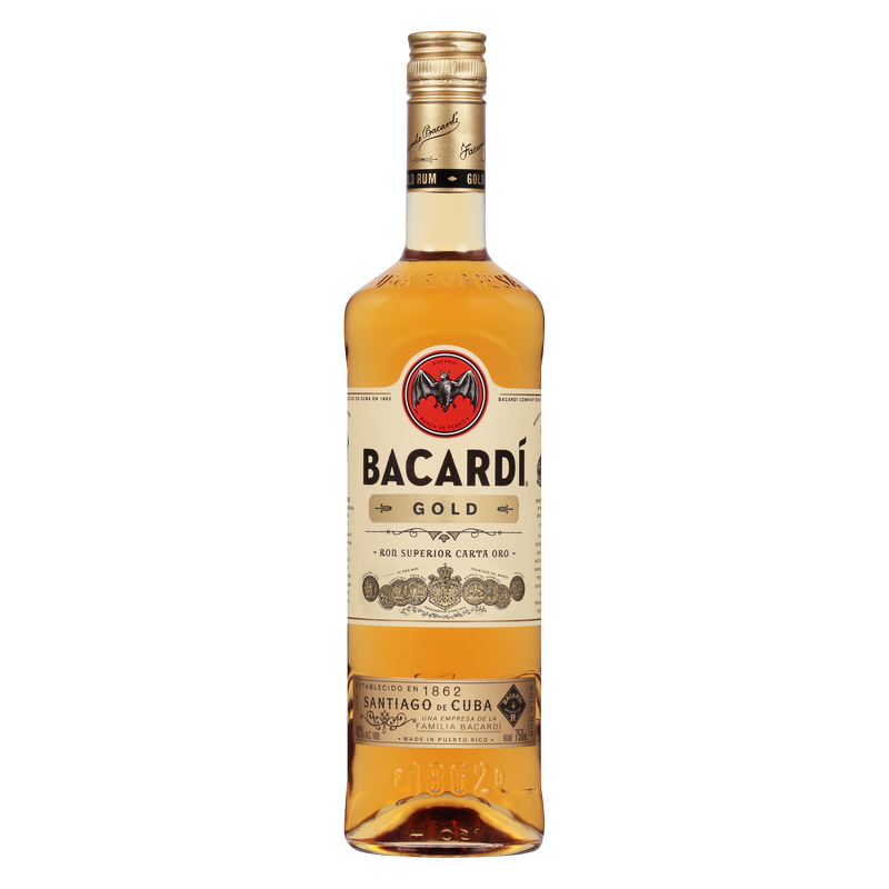 Bacardi Gold Rum 750 ML golden rum bottle with amber color liquid and classic Bacardi label design