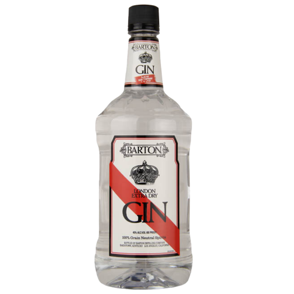 Barton London Extra Dry Gin 1.75 L bottle with clear glass, white label, and classic London dry gin design.