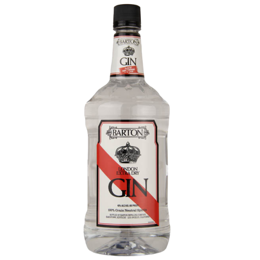 Barton London Extra Dry Gin 1.75 L bottle with clear glass, white label, and classic London dry gin design.