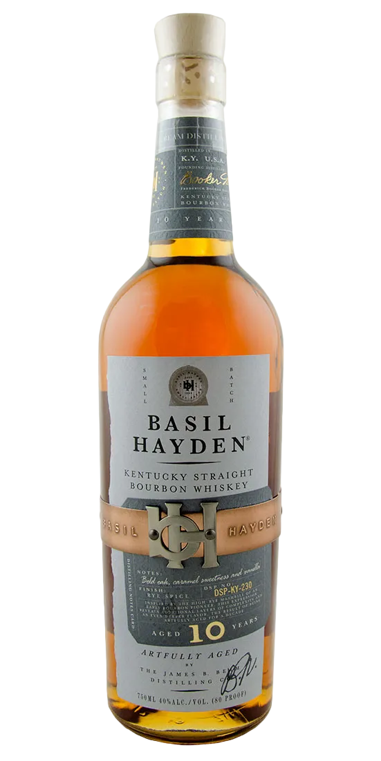 Basil Hayden’s Straight Kentucky Bourbon Whiskey 10 Years 750 ML premium aged Kentucky bourbon bottle with amber whiskey.