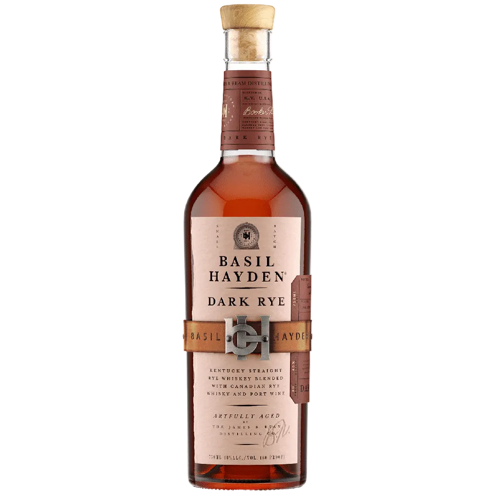 Basil Hayden’s Dark Rye Whiskey 750 ML premium rye whiskey bottle with dark amber color and signature label