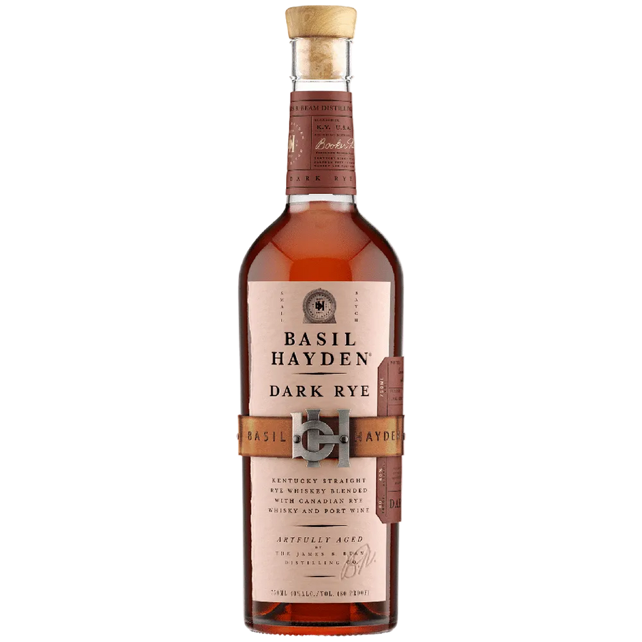 Basil Hayden’s Dark Rye Whiskey 750 ML premium rye whiskey bottle with dark amber color and signature label
