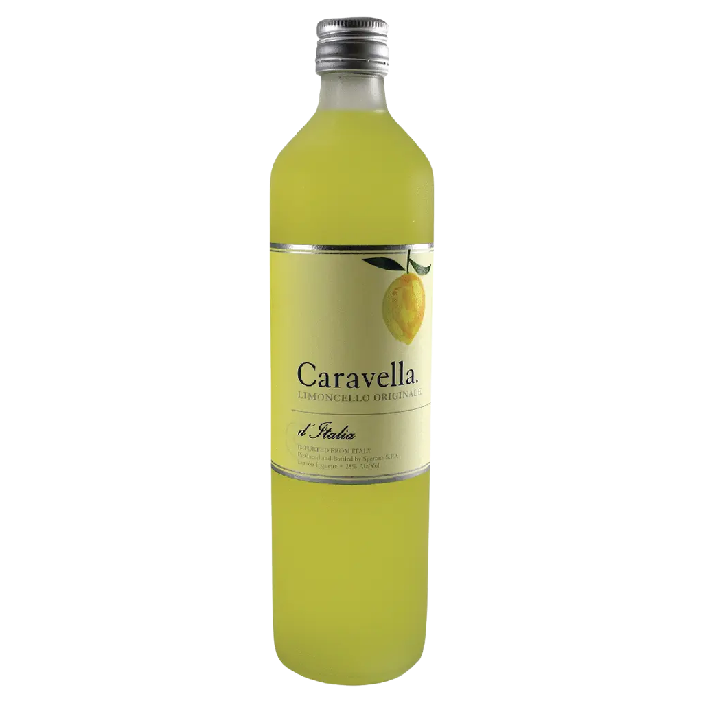 Caravella Limoncello Liqueur 750ml bottle with bright yellow Italian lemon liqueur in clear glass packaging