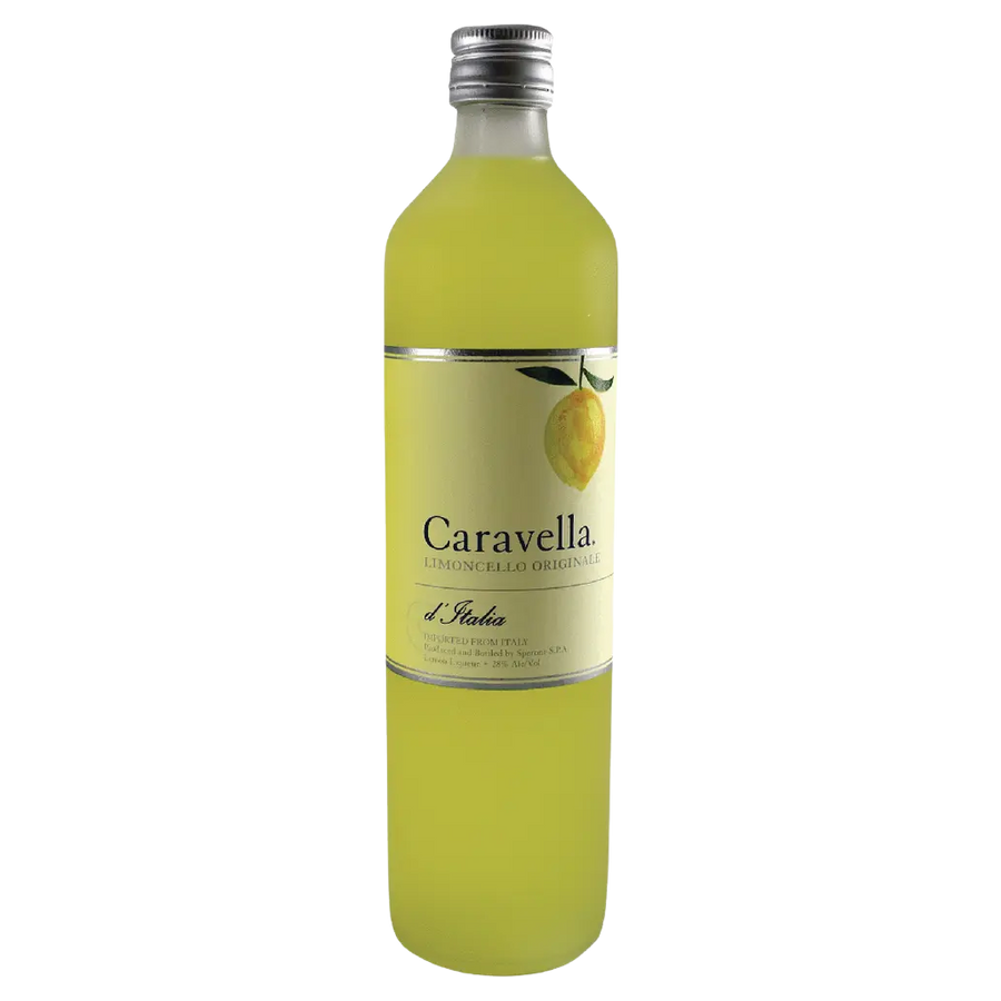 Caravella Limoncello Liqueur 750ml bottle with bright yellow Italian lemon liqueur in clear glass packaging