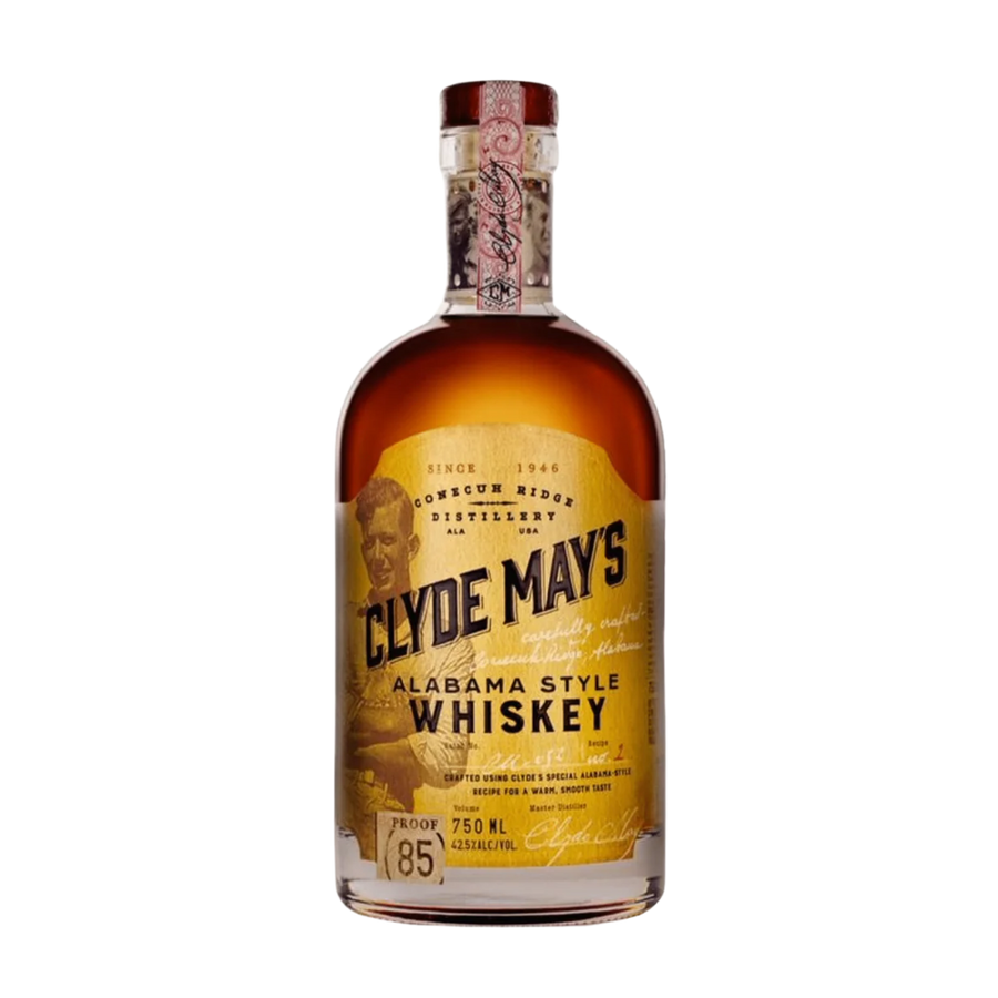 “Clyde May’s American Whiskey 750ml bottle with vintage label and amber whiskey in glass bottle”