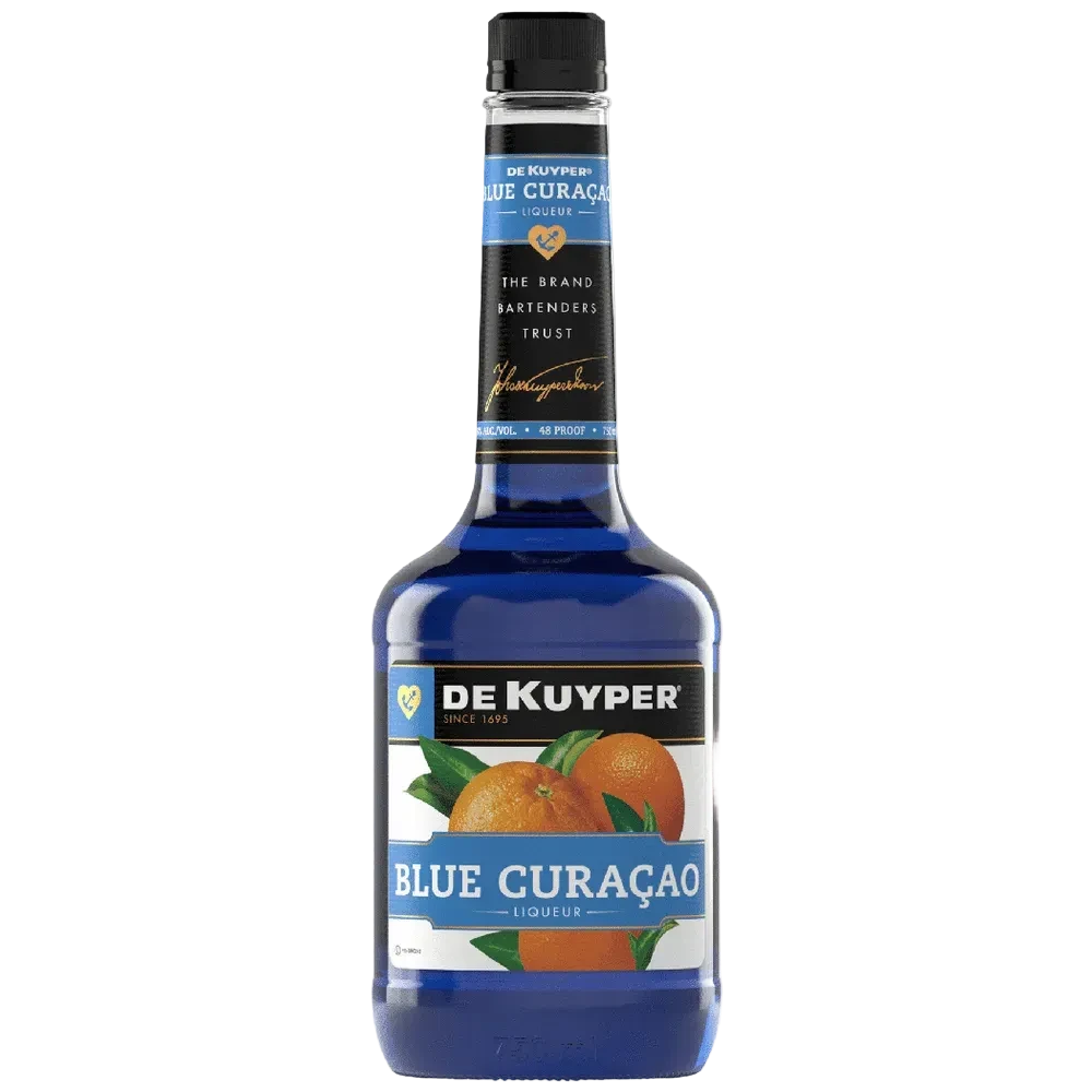 DeKuyper Blue Curaçao Liqueur 750ml bottle with bright blue citrus cocktail mixer