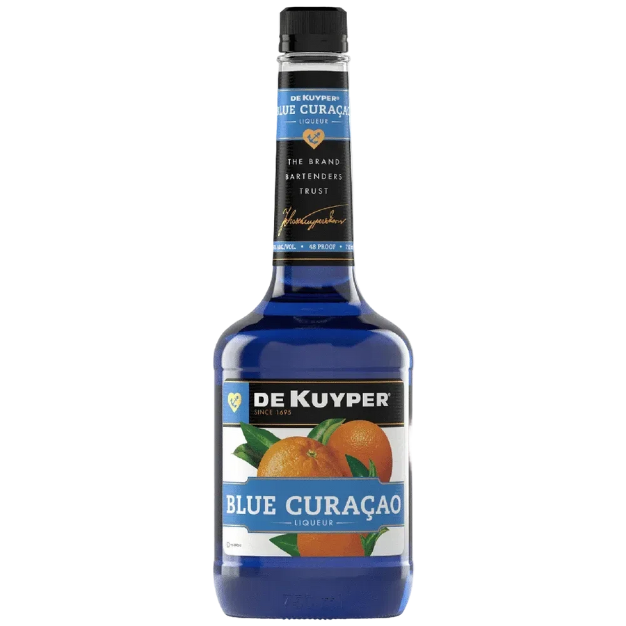 DeKuyper Blue Curaçao Liqueur 750ml bottle with bright blue citrus cocktail mixer