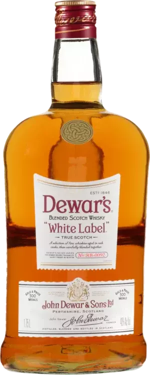 Dewar’s White Label Blended Scotch Whisky 1.75L bottle with golden amber liquid and classic white label packaging.