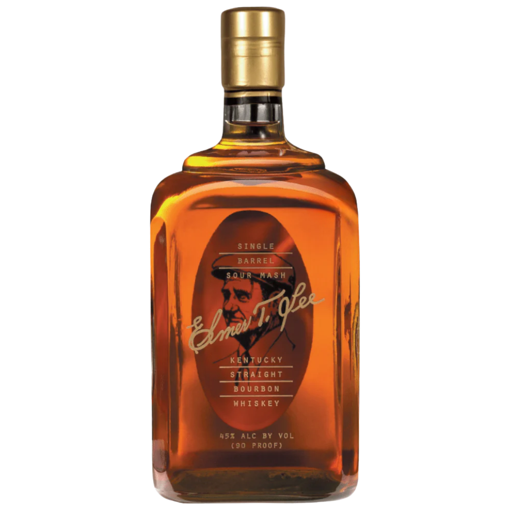 Elmer T Lee Single Barrel Bourbon 750ml bottle with horse topper and amber whiskey