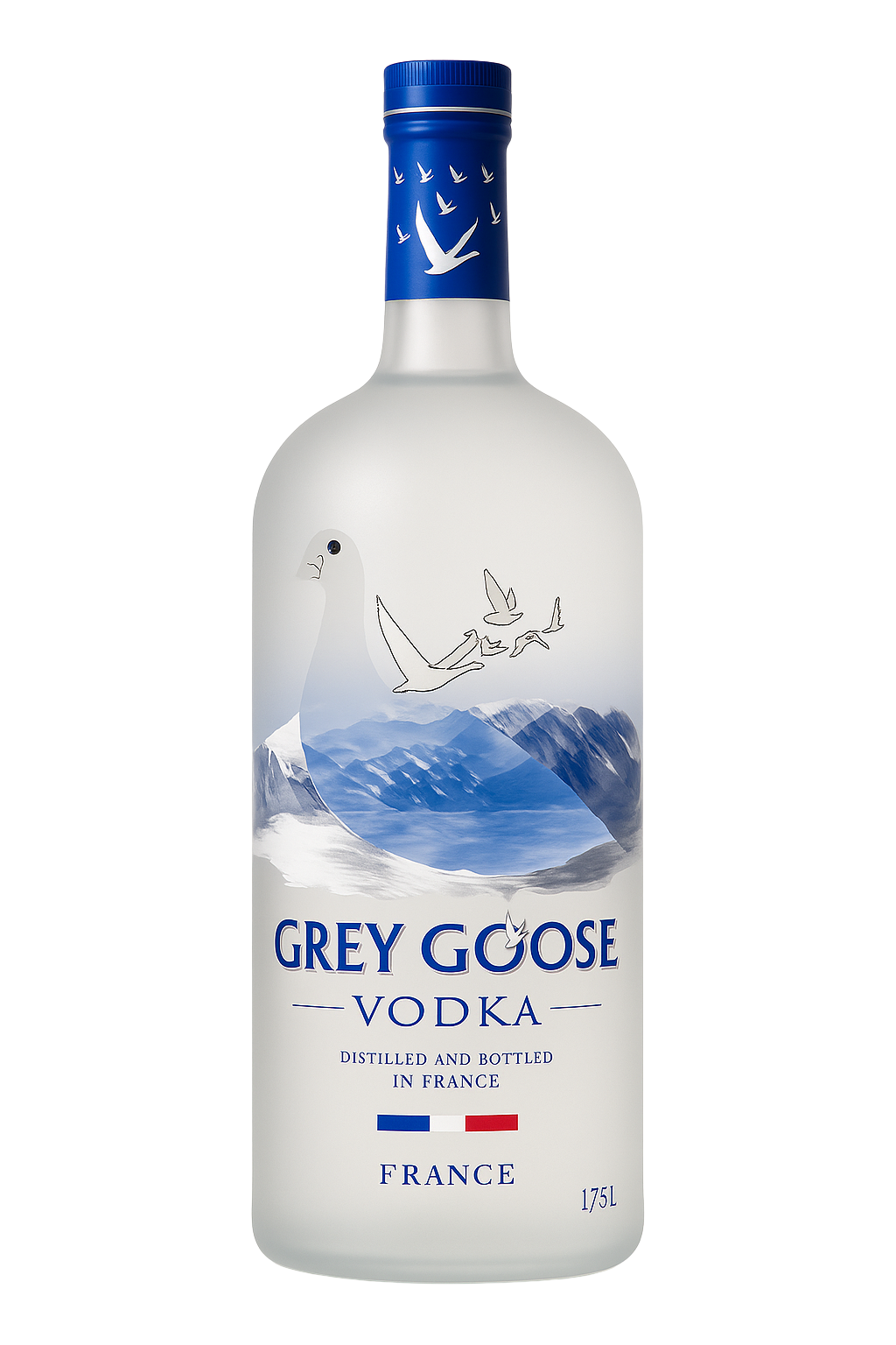 Grey Goose Vodka 1.75L premium French vodka bottle with frosted glass and flying geese design.