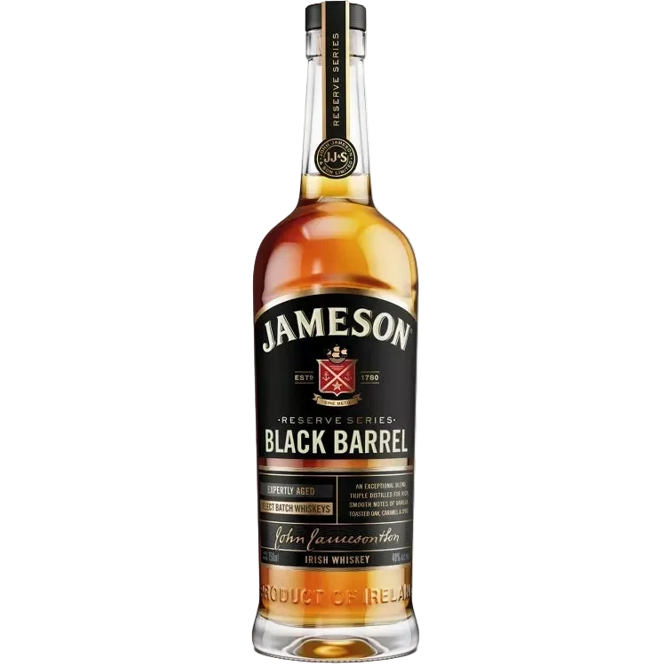 Jameson Black Barrel Irish Whiskey 750ML bottle with double-charred bourbon barrel aging and premium Irish whiskey label