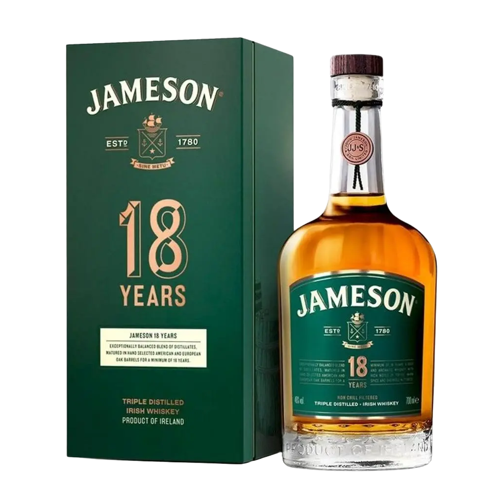 Jameson Irish Whiskey 18 Years 750ML premium aged Irish whiskey bottle with elegant packaging