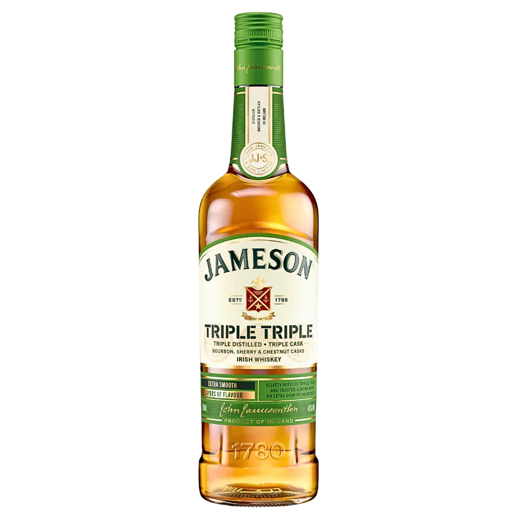 Jameson’s Triple Triple Irish Single Malt Whiskey 750ML bottle with triple cask maturation bourbon sherry chestnut