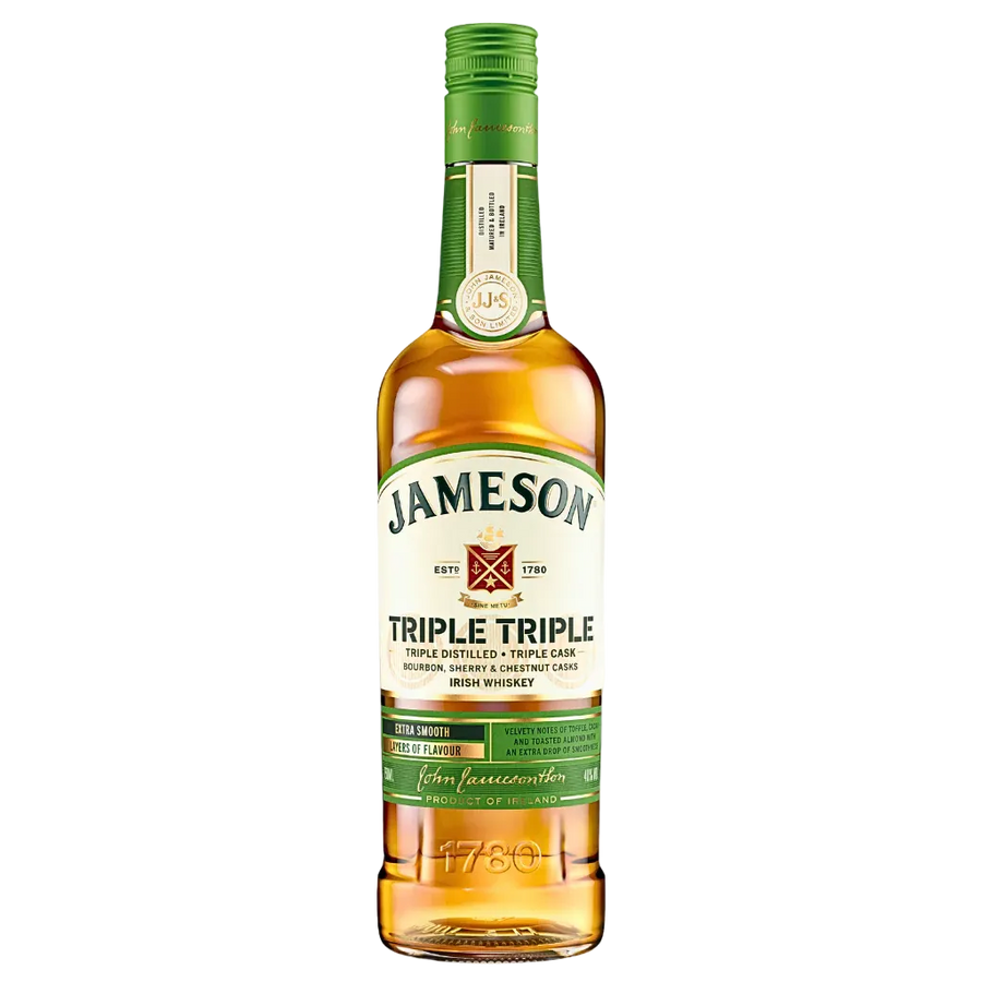 Jameson’s Triple Triple Irish Single Malt Whiskey 750ML bottle with triple cask maturation bourbon sherry chestnut