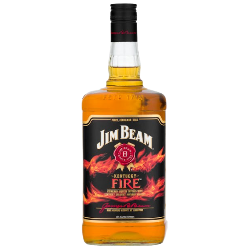 Jim Beam Fire Bourbon Whiskey 1.75L large bottle with cinnamon flavored Kentucky straight bourbon label