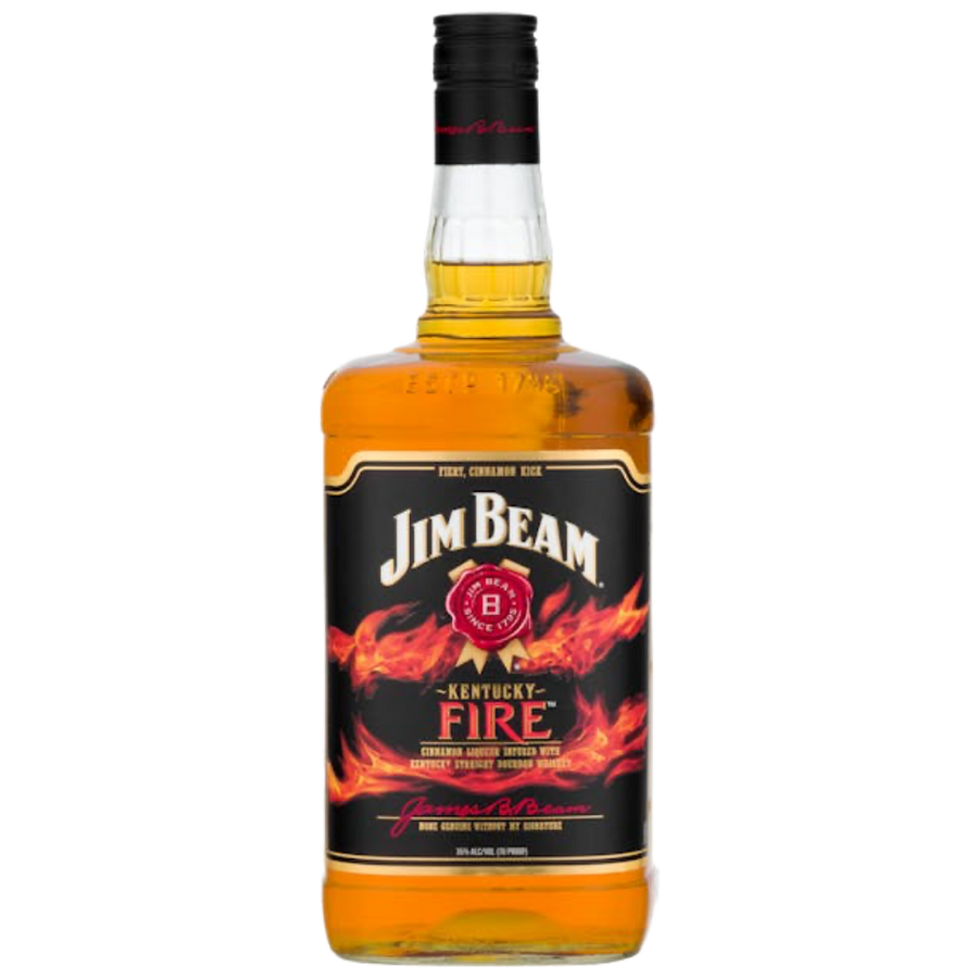 Jim Beam Fire Bourbon Whiskey 1.75L large bottle with cinnamon flavored Kentucky straight bourbon label