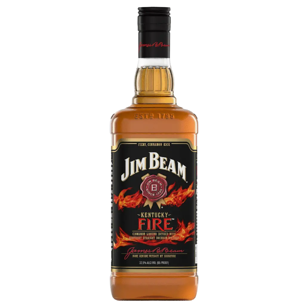 Jim Beam Fire Bourbon Whiskey 750 ML bottle with red label and cinnamon flavored Kentucky straight bourbon
