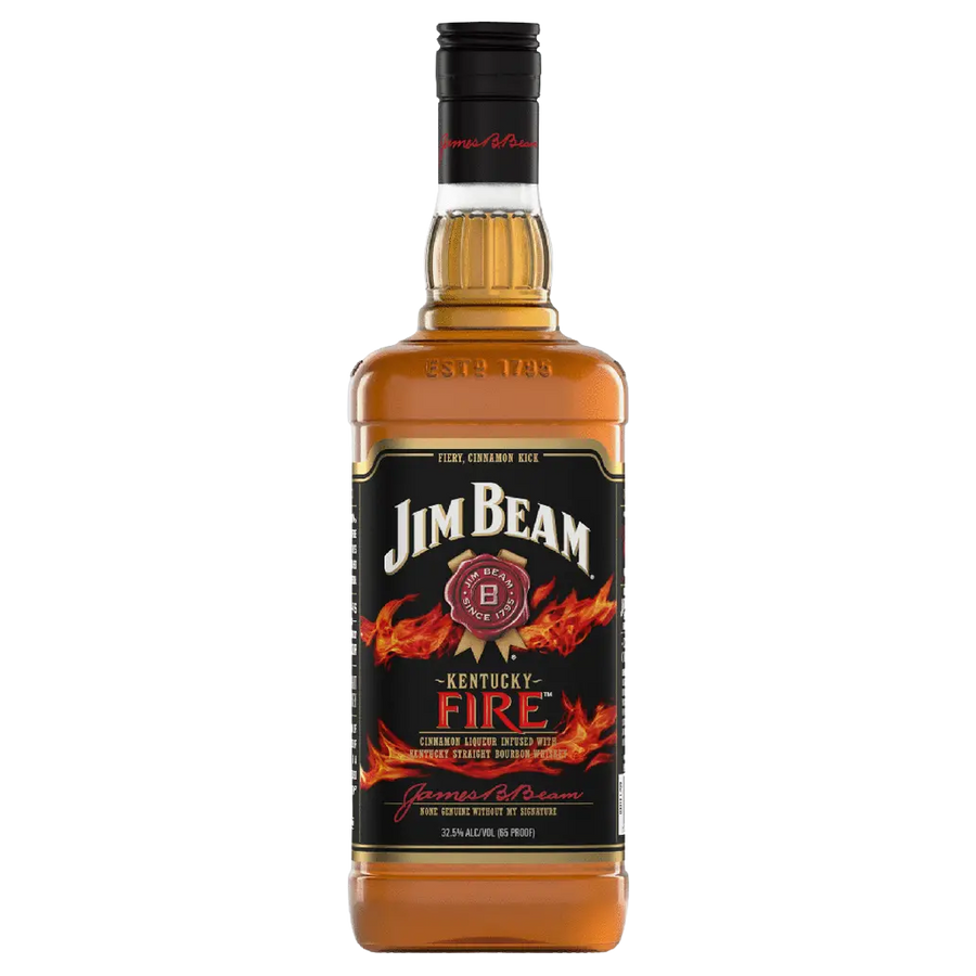 Jim Beam Fire Bourbon Whiskey 750 ML bottle with red label and cinnamon flavored Kentucky straight bourbon
