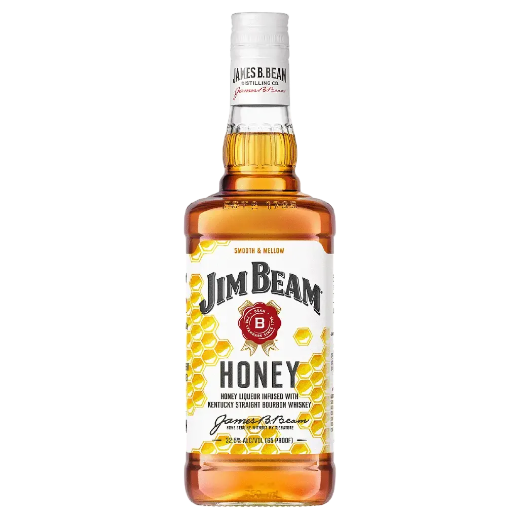 Jim Beam Honey Bourbon Whiskey 750 ML bottle with golden amber color and signature honey-flavored bourbon label