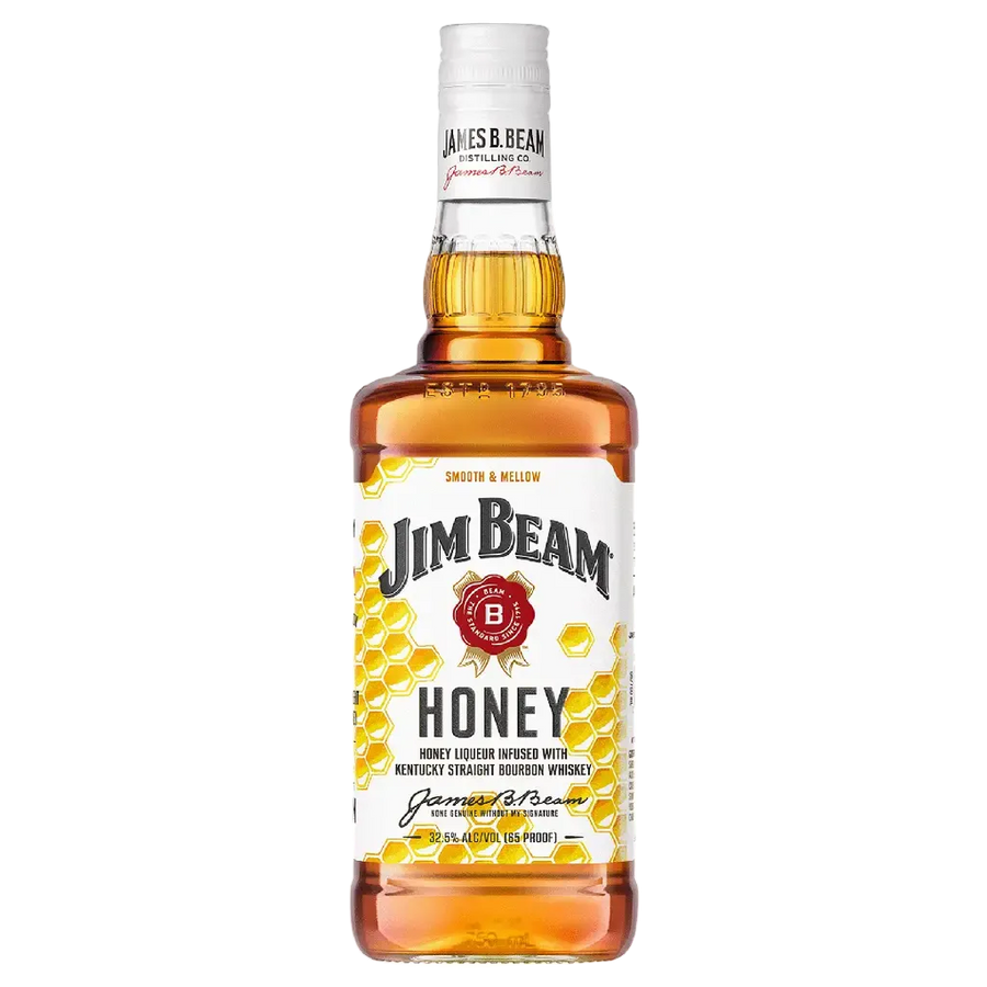 Jim Beam Honey Bourbon Whiskey 750 ML bottle with golden amber color and signature honey-flavored bourbon label