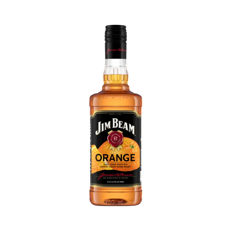Jim Beam Orange Flavored Whiskey 750 ML bottle with citrus-infused bourbon and orange label
