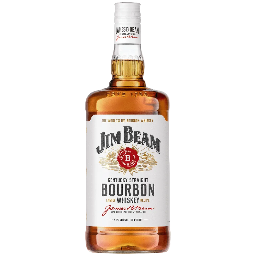Jim Beam Original Bourbon 1.75L Kentucky Straight Bourbon Whiskey bottle with white label and amber whiskey