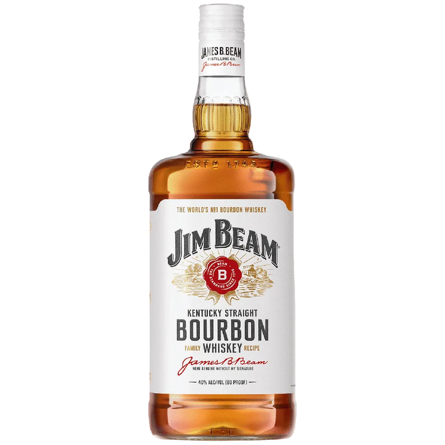 Jim Beam Original Bourbon 1.75L Kentucky Straight Bourbon Whiskey bottle with white label and amber whiskey
