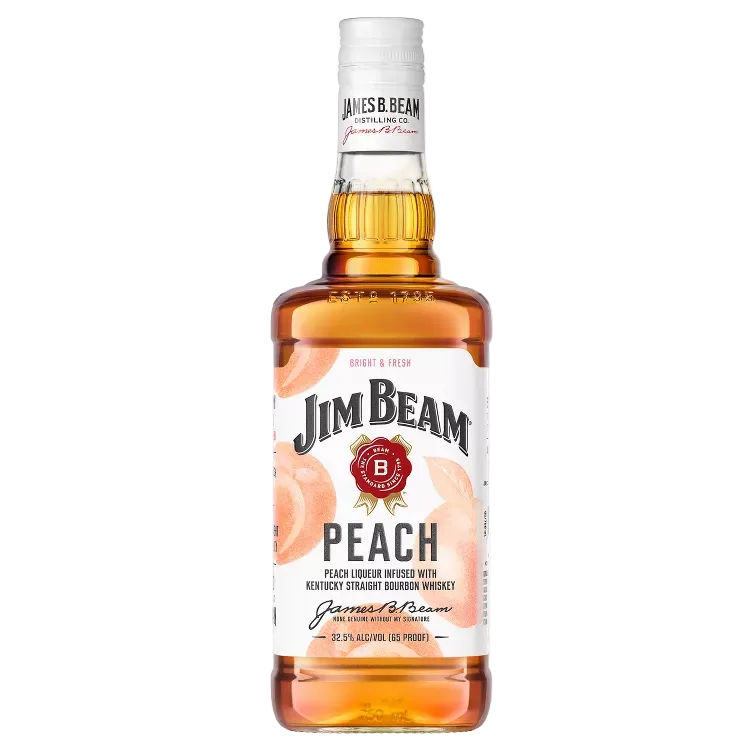 Jim Beam Peach Flavored Whiskey 750ML bottle with label and peach-infused bourbon