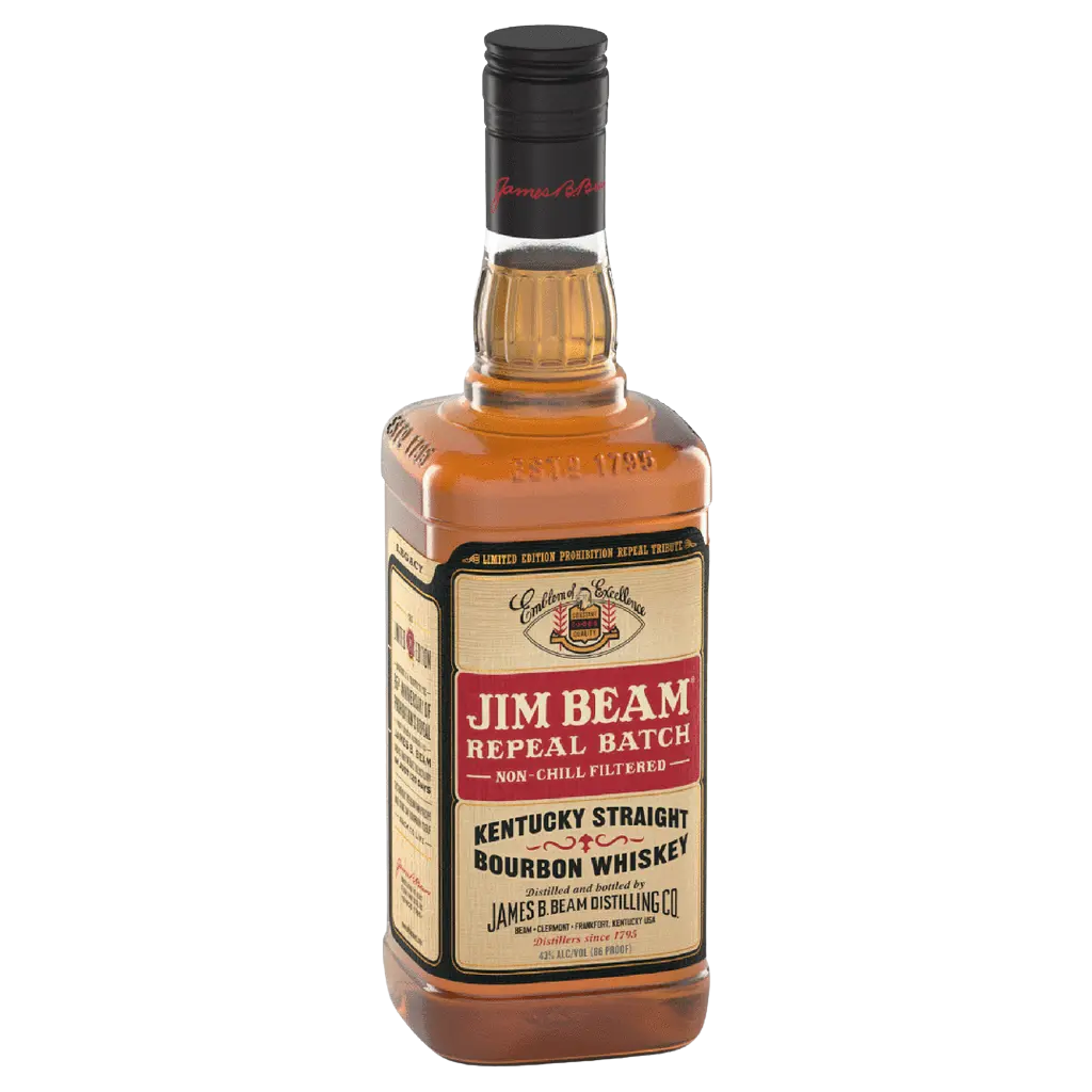 Jim Beam Repeal Batch Bourbon Whiskey 750ML bottle with vintage-inspired label and amber Kentucky bourbon inside