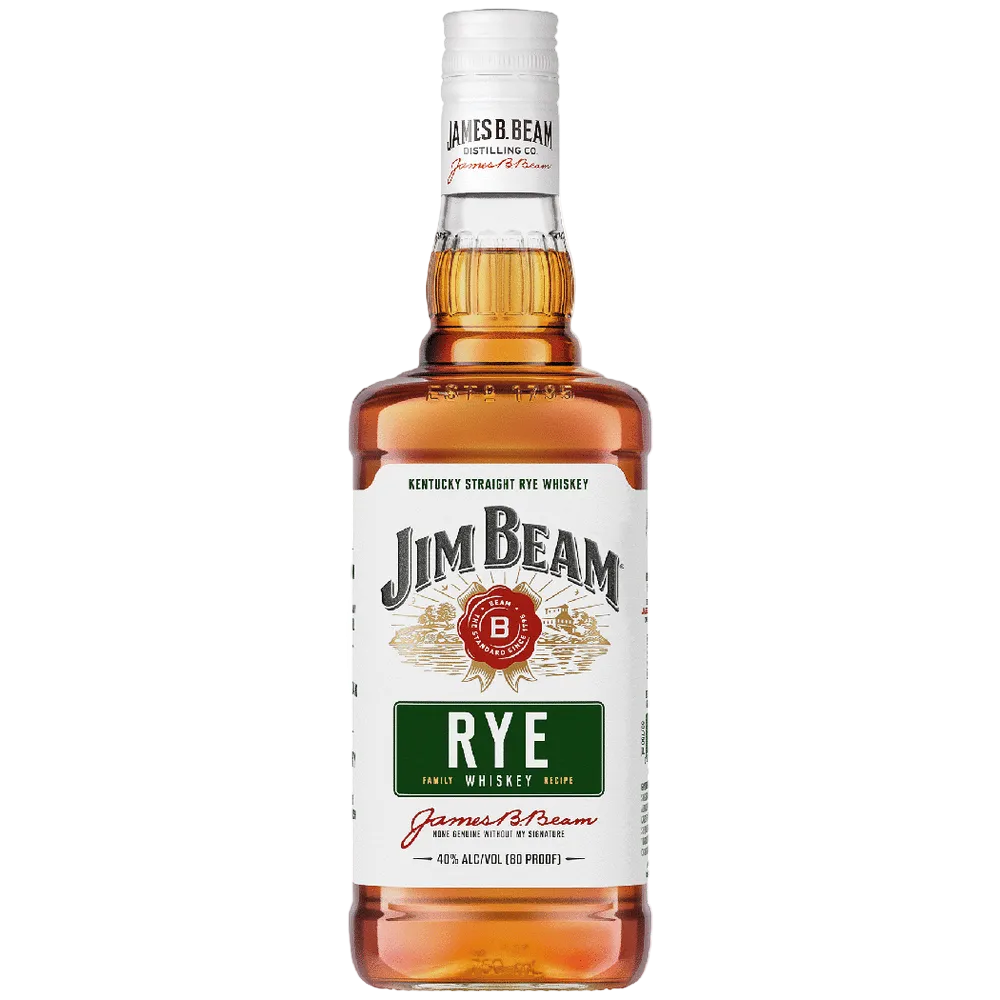 Jim Beam Straight Rye Whiskey 750 ML bottle Kentucky straight rye whiskey with amber color and classic Jim Beam label