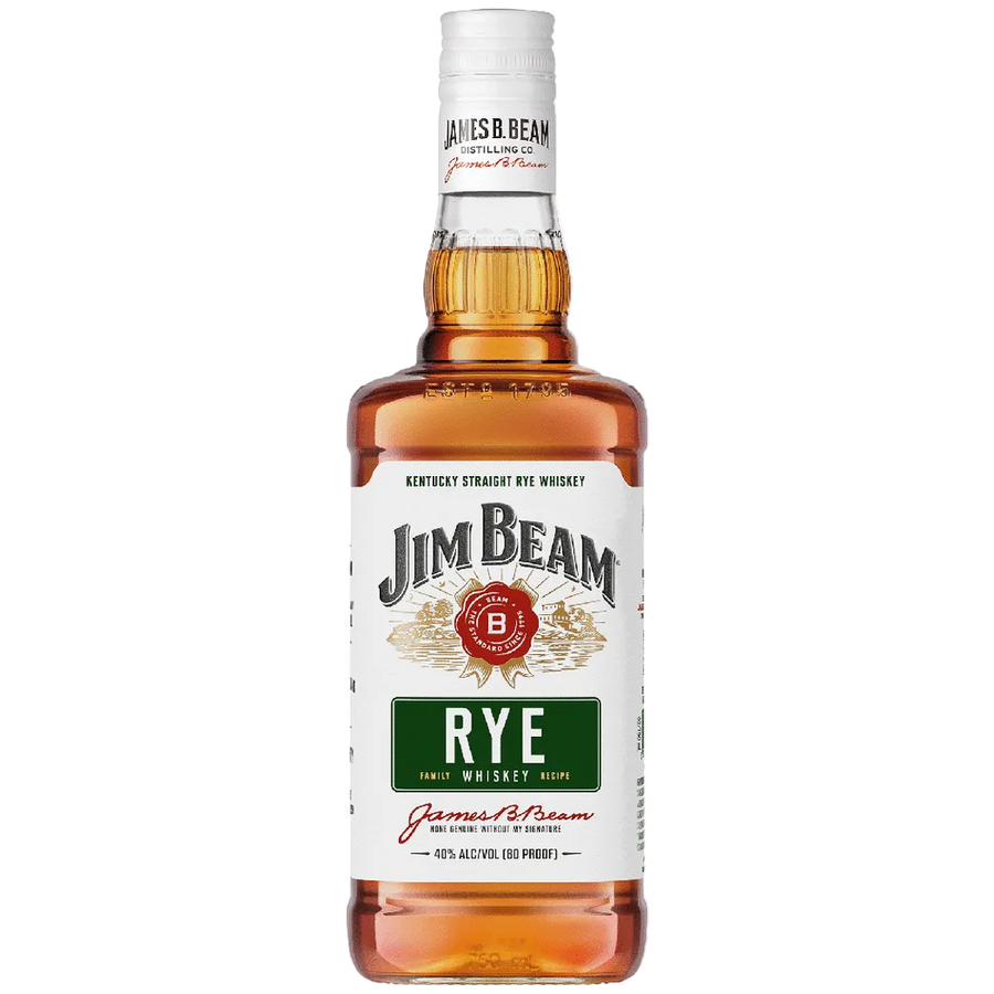 Jim Beam Straight Rye Whiskey 750 ML bottle Kentucky straight rye whiskey with amber color and classic Jim Beam label