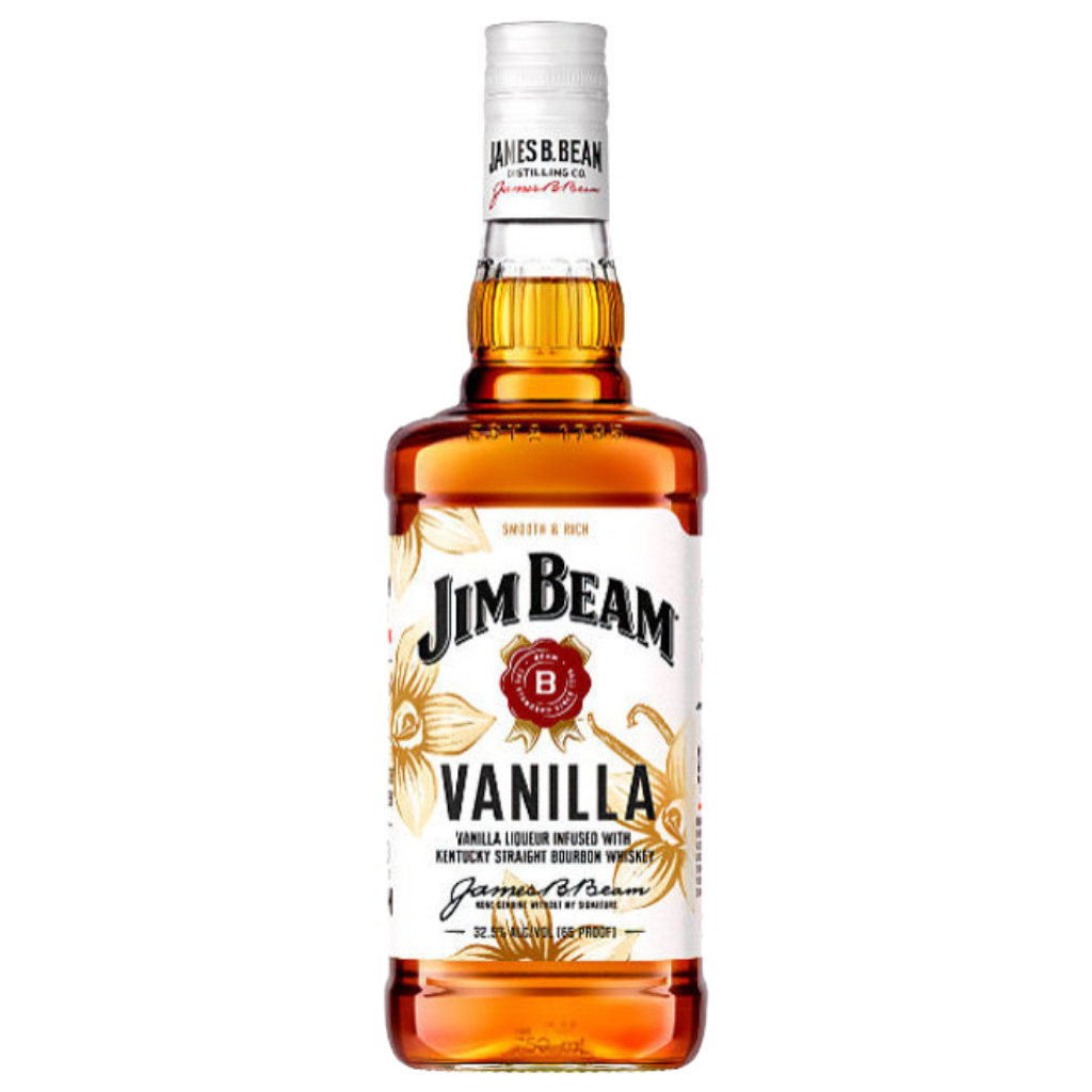Jim Beam Vanilla Flavored Bourbon Whisky 750 ML bottle with classic Jim Beam label and golden whiskey color