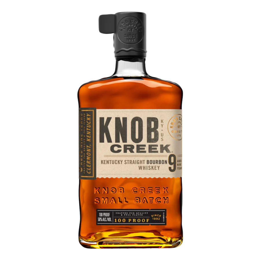 Knob Creek Kentucky Straight Bourbon Whiskey 100 Proof 750 ML bottle with label and amber bourbon whiskey