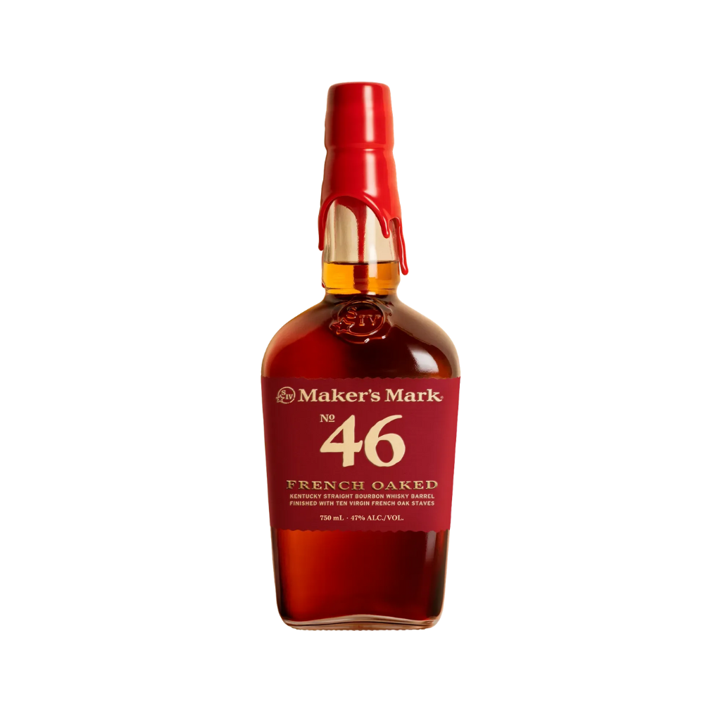 Maker’s 46 Bourbon Whisky bottle featuring red wax seal, premium Kentucky straight bourbon finished with French oak staves